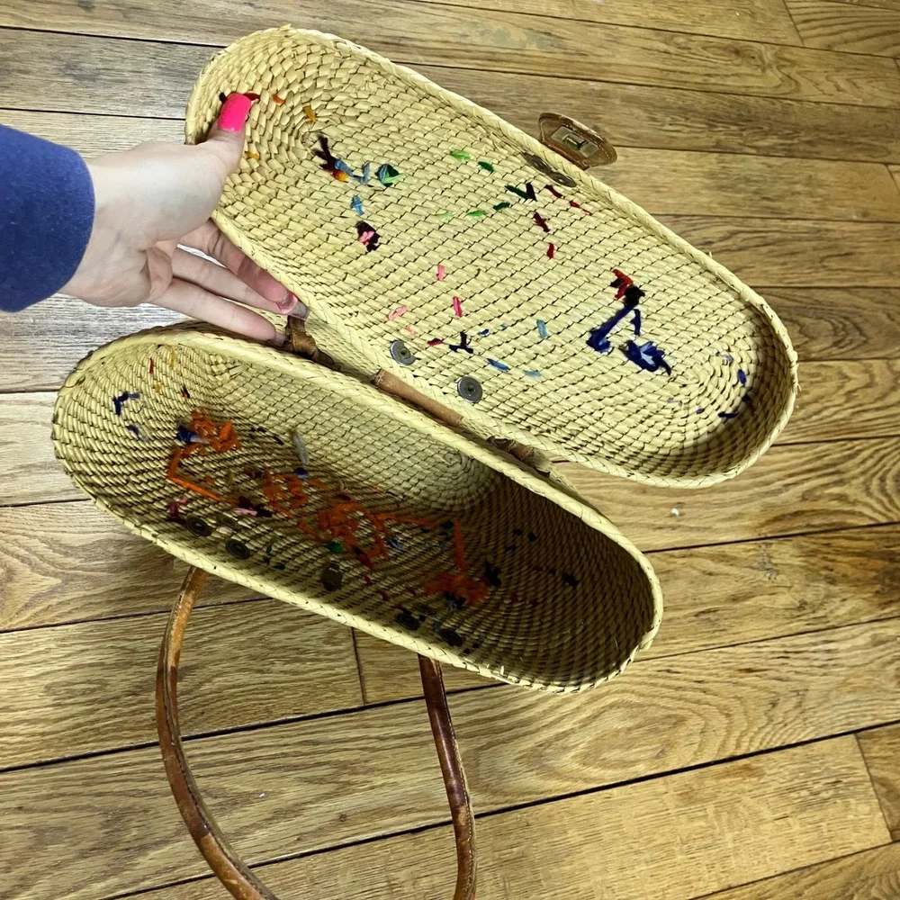 Vintage Straw Woven Tote Bag Floral Feather Embroidery‎ Top Handle Clutch - Picture 6 of 9